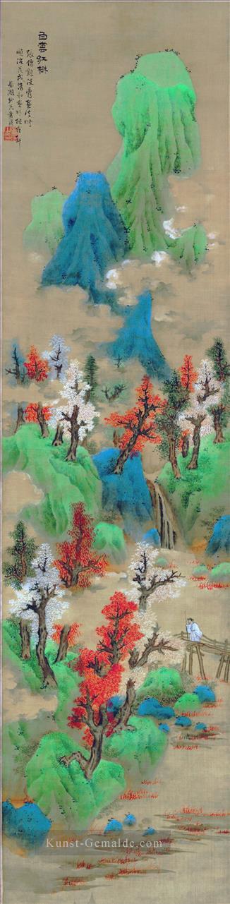 Weiße Wolken und rote Bäume alte China Tinte Ölgemälde